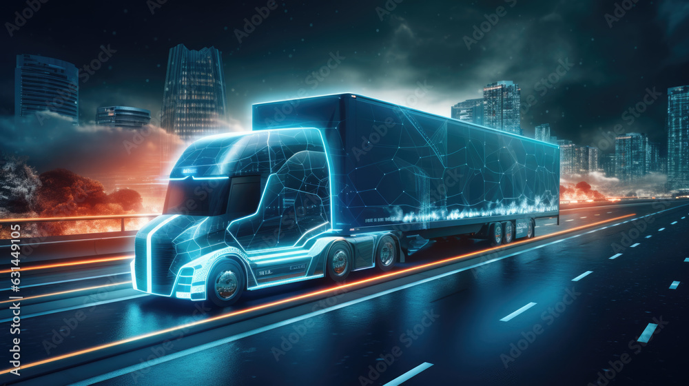 Futuristic truck with neon lights on night road.Created with Generative AI technology.