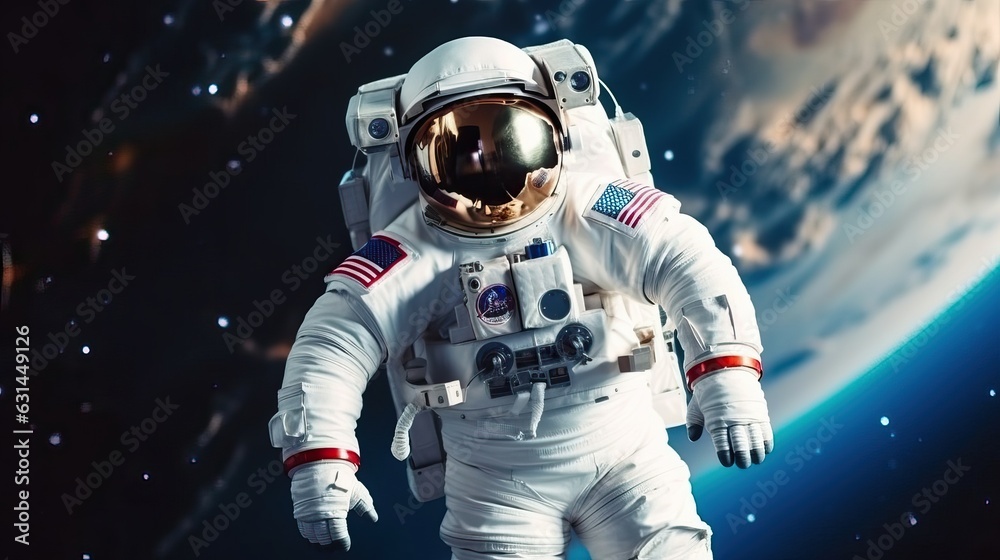 Orbit of the planet Earth, an astronaut in a spacesuit flying in space on the background of the earth, generative AI.