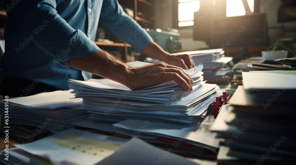 Businessman hands working in Stacks of paper files for searching information on work desk in office Businessman hands working in Stacks of paper files for searching information on work desk in office
