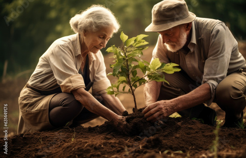 Old Couple planting tree, Elderly Gardener, People save the earth