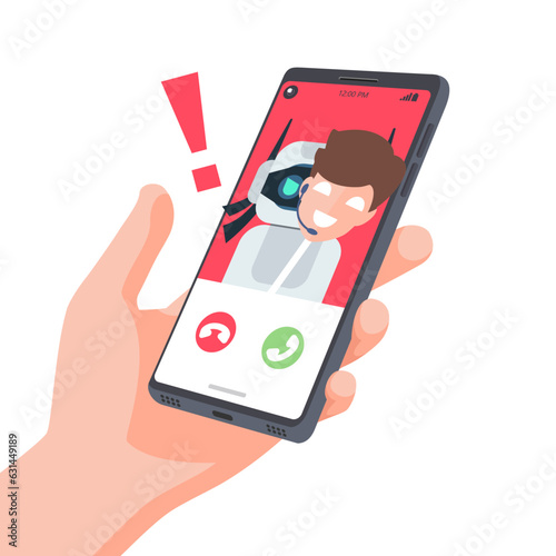 Thief Hacker Ai robot disguised as a Human voice on smartphone. Fraud scam and steal private data on devices. vector illustration flat design for cyber criminal awareness concept.