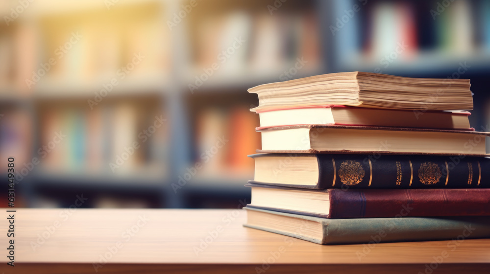Book stack on wood desk and blurred bookshelf in the library room.Created with Generative AI technology. Book stack on wood desk and blurred bookshelf in the library room.Created with Generative AI technology.