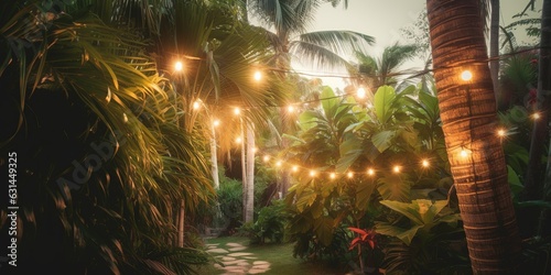 Magical Light Garlands near Tropical Palms. Illuminated Paradise Vibes. Enchanting Evening Under Palm Trees. Exotic Holiday Illuminations. Dreamy Tropical Ambiance with Glowing Lights