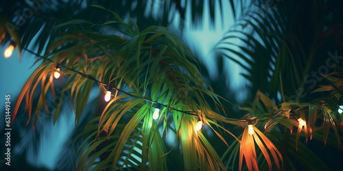 Magical Light Garlands near Tropical Palms. Illuminated Paradise Vibes. Enchanting Evening Under Palm Trees. Exotic Holiday Illuminations. Dreamy Tropical Ambiance with Glowing Lights