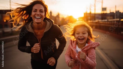 middle age woman and childen girl exercise in the morinng. joygul  healthy family running with sunset. photo