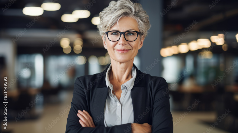 Fototapeta premium A middle-aged businesswoman stands with her arms crossed and looks at the camera in front of the office. Created with Generative AI technology.