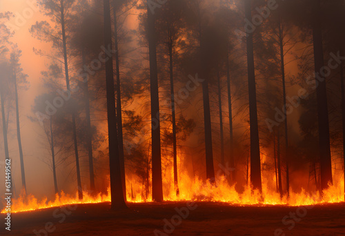 Fire in the woods, burning trees, a natural disaster