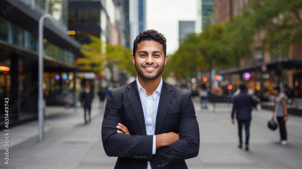 A businessman stands with his arms crossed and smiling in front of the business city. Created with Generative AI technology. A businessman stands with his arms crossed and smiling in front of the business city. Created with Generative AI technology.