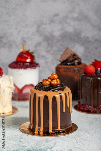 Types of cakes. Assortment of chocolate and fruit cakes on a gray background