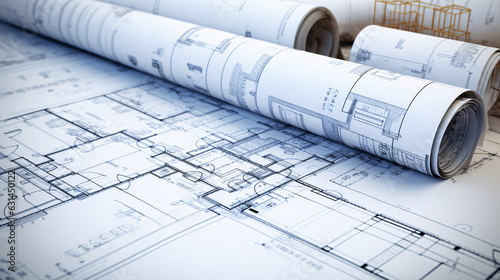 Paper rolls of architectural drawings and blueprint background