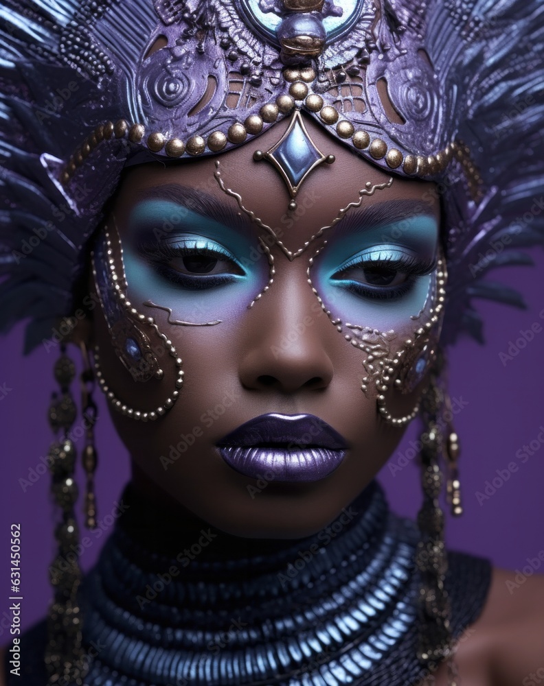 A stunning portrait of an afro-american woman adorned with beautiful purple and gold garments, diamonds, and a mysterious masque, radiates beauty and mystique