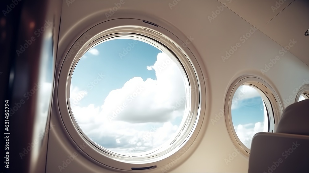 Luxury Modern Business Jet Interior. State-of-the-Art Aircraft Cabin. Extravagant Comfort and Style. Private Jet Travel with Opulence. Bathed in Sunlight and Panoramic Views. Generative Ai