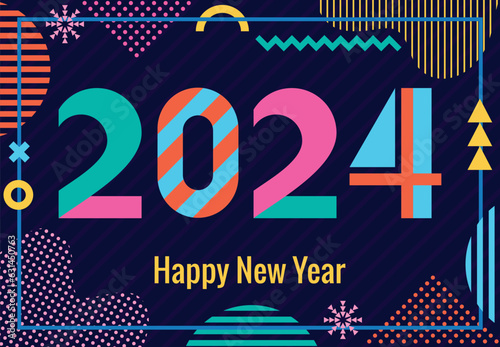 Stylish greeting card. Happy New Year 2024. Trendy geometric font in memphis style of 80s-90s. Digits and abstract geometric shapes on striped dark blue background