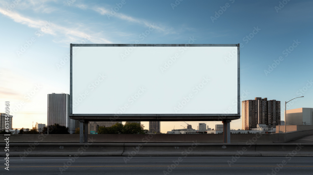 Mockup Large white blank billboard or white promotion poster displayed on the outdoor against the blue sky background. Created with Generative AI technology.