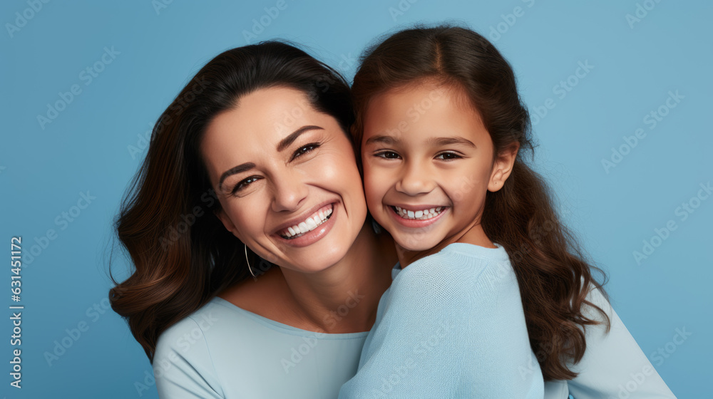 Happy mother and daughter smiling and hugging against the blue background. Created with Generative AI technology. Happy mother and daughter smiling and hugging against the blue background. Created with Generative AI technology.