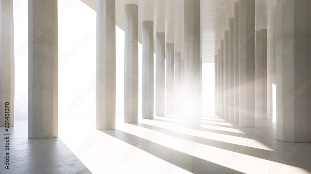 Sunlight shines through columns in a long and white corridor. Architecture modern geometric concrete structure