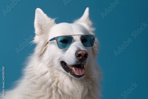 Cheerful and happy white dog with trendy eyewear, enjoying the sunny outdoors. A perfect companion for beach vacations and travel. AI Generative.