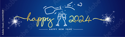Happy 2024 New Year gold handwritten line design typography shapes 2024 with white sparkle firework and champagne bottle and glasses on blue background banner