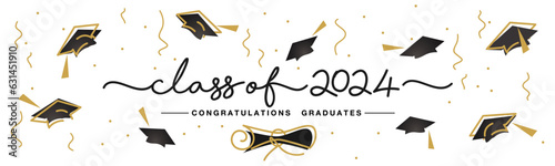 2024. Class of 2024 handwritten typography lettering text. Hand drawn design with diploma confetti and flying graduates caps Congratulations graduates. Golden and black line design white background
