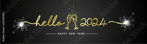 Hello 2024 Happy New Year gold handwritten line design typography shapes 2024 with white sparkle firework and champagne glasses on black background banner