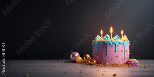Birthday cake decorated with candles, colorful birthday and wedding cake over dark background with empty space, birthday wishes greeting and invitation