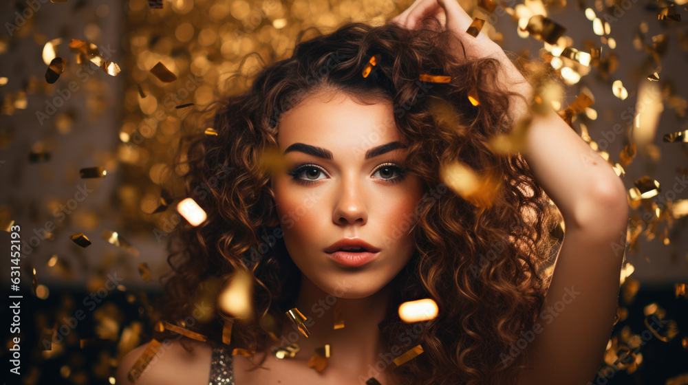 Young woman surrounded by flying confetti Young woman surrounded by flying confetti