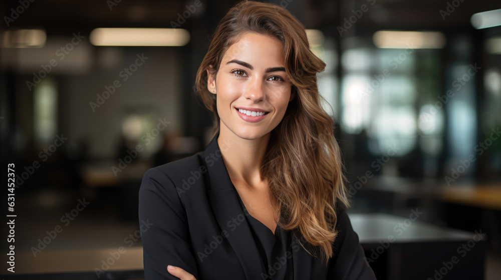 Close up portrait of a smiling young businesswoman in suit standing against office background.Created with Generative AI technology. Close up portrait of a smiling young businesswoman in suit standing against office background.Created with Generative AI technology.