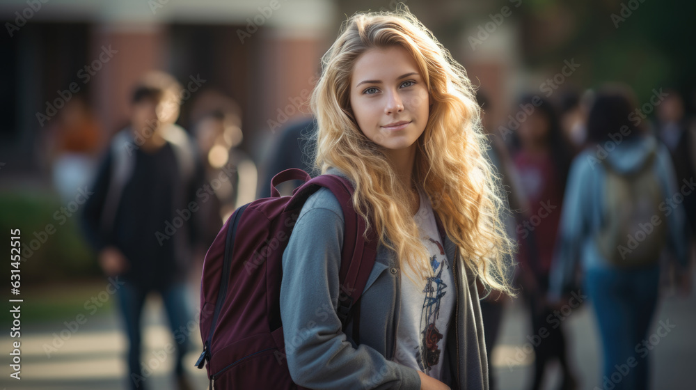 Portrait Of Female Student Standing outside In front of College Building with lot of students.Created with Generative AI technology. Portrait Of Female Student Standing outside In front of College Building with lot of students.Created with Generative AI technology.