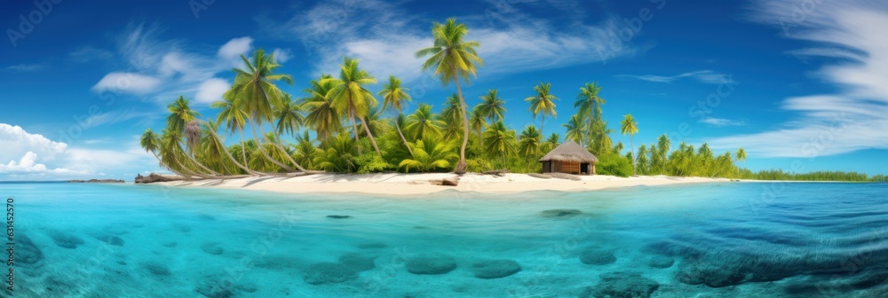 tropical island with palm trees, sandy beach and crystal clear water panorama