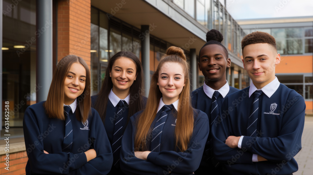 Group of private school students stand outside in uniform in front of the school building. Created with Generative AI technology. Group of private school students stand outside in uniform in front of the school building. Created with Generative AI technology.