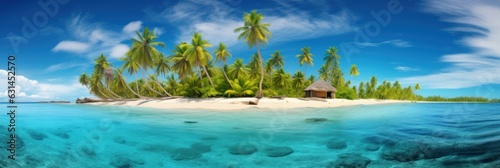 tropical island with palm trees, sandy beach and crystal clear water panorama © 7oanna