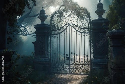 Entrance to dungeons and hell. A large wrought-iron gate to the garden, the park in an eerie fog, generative AI.
