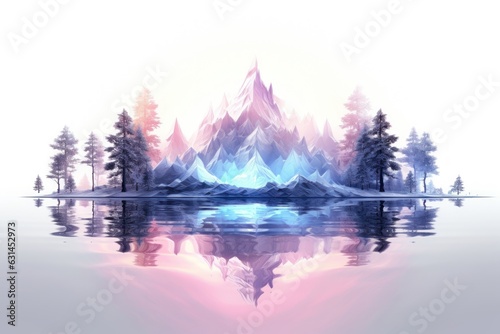 mountain forest reflection in the lake isolated on white background concept of sustainable living