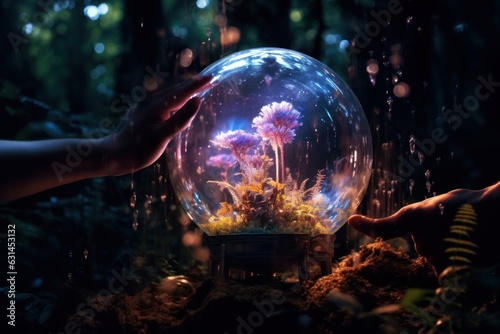 hands touching magic crystal ball with endangered plants in the forest concept of species protection