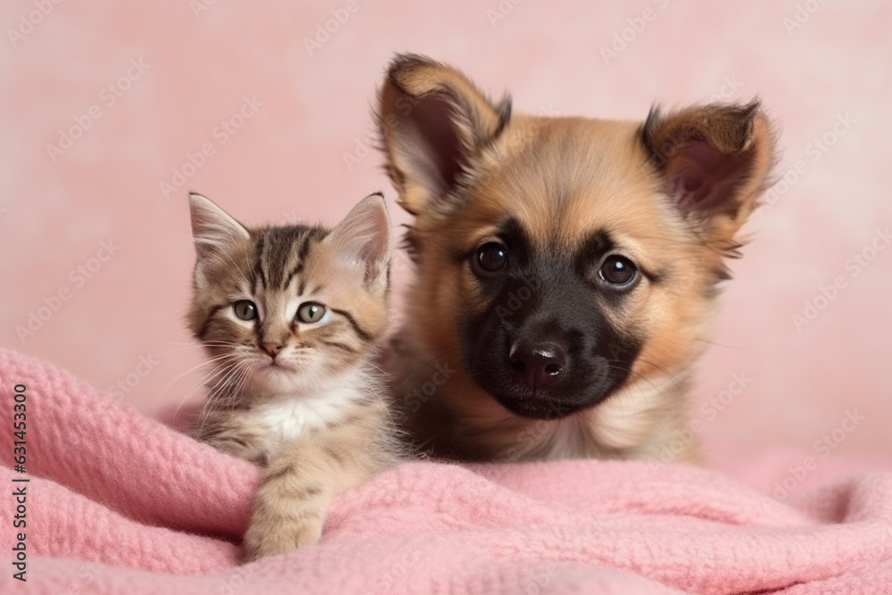 Obraz premium A heartwarming studio portrait photography capturing the adorable moments of a cute puppy and a cat snuggled on a pink blanket, radiating love and friendship. Ai generated