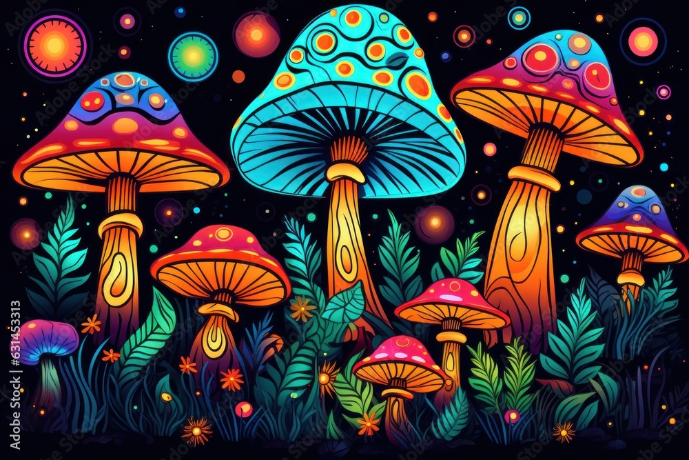 colorful hippie magic mushrooms journey