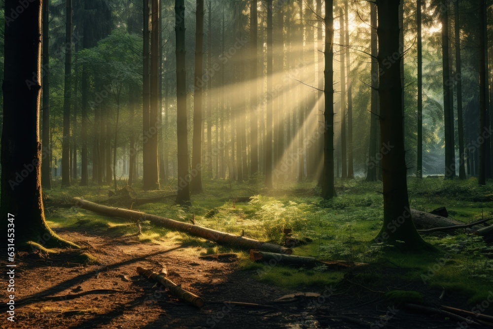 sun rays in the forest panoramic view