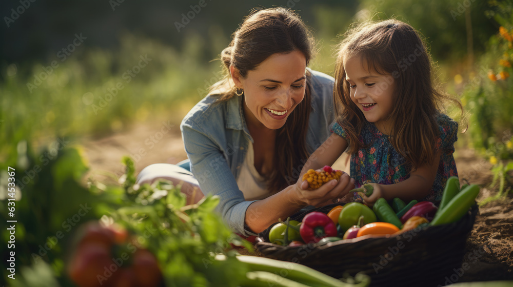 Woman farmer harvesting lettuce from a field with her daughter. Woman farmer harvesting lettuce from a field with her daughter.