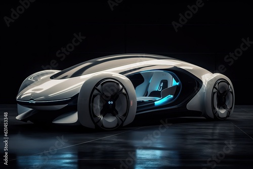 Car of the future with a blue backlight on a dark gray background  generative AI.