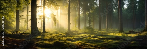 Panoramic view of a forest with sunlight shining through forest © 7oanna