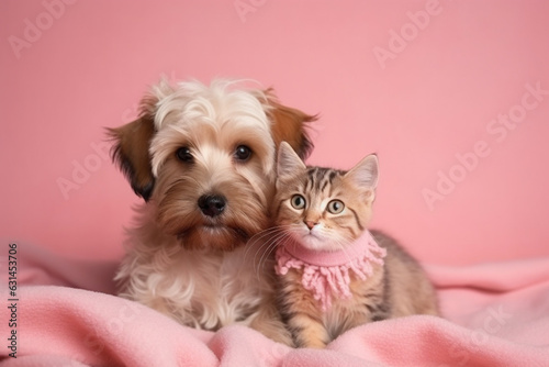  A heartwarming studio portrait photography capturing the adorable moments of a cute puppy and a cat snuggled on a pink blanket, radiating love and friendship. Ai generated