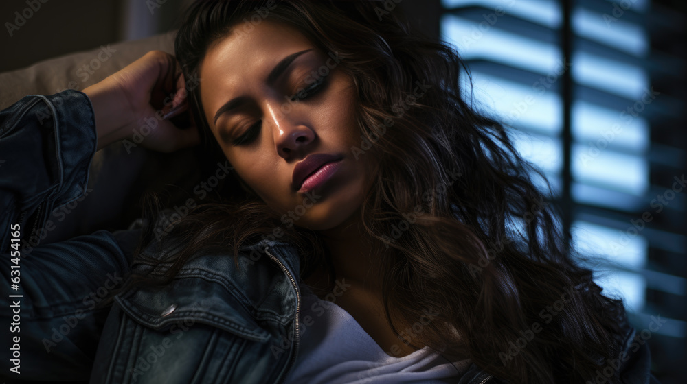 Depressed woman with insomnia lies in her bed at night. Depressed woman with insomnia lies in her bed at night.