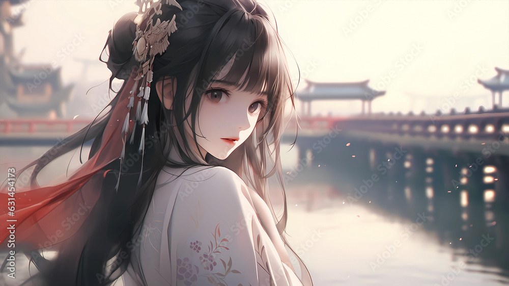 Obraz premium Hand drawn cartoon beautiful ancient costume anime girl illustration 