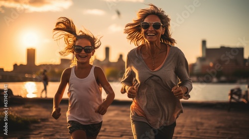 middle age woman and childen girl exercise in the morinng. joygul  healthy family running with sunset. photo