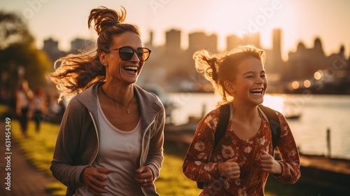 middle age woman and childen girl exercise in the morinng. joygul  healthy family running with sunset. photo