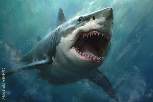 Encounter the terrifying presence of a massive killer shark lurking beneath the sea or ocean, showcasing its intimidating big teeth and open mouth. Ai generated © dragomirescu