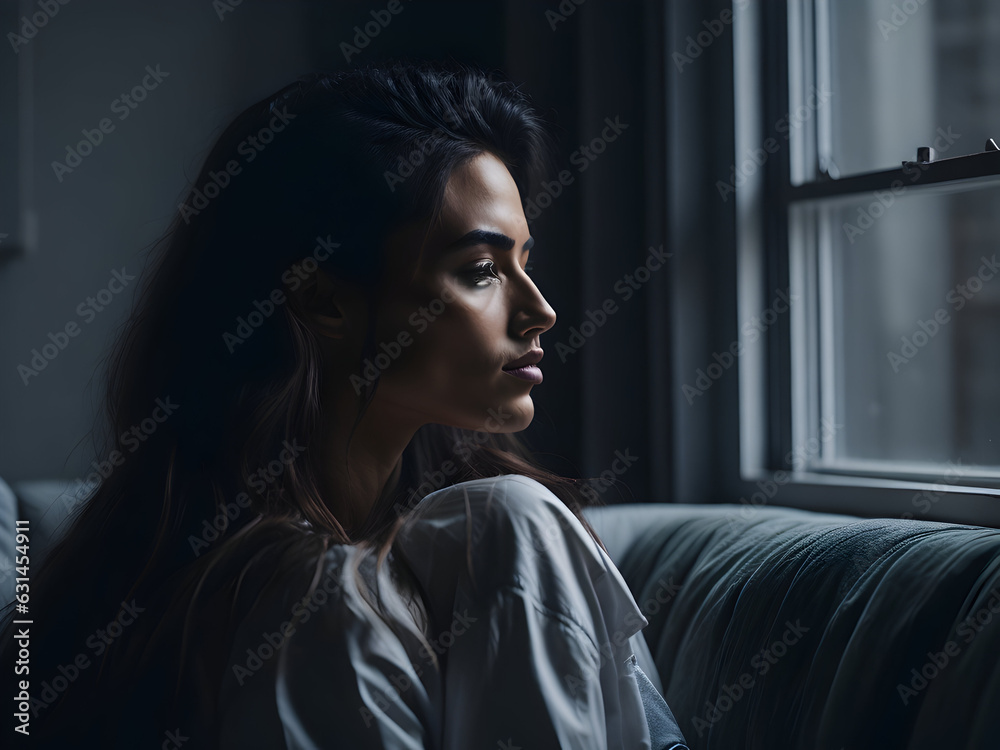 A sad woman sitting and looking at the window. Generative AI art. A sad woman sitting and looking at the window. Generative AI art.