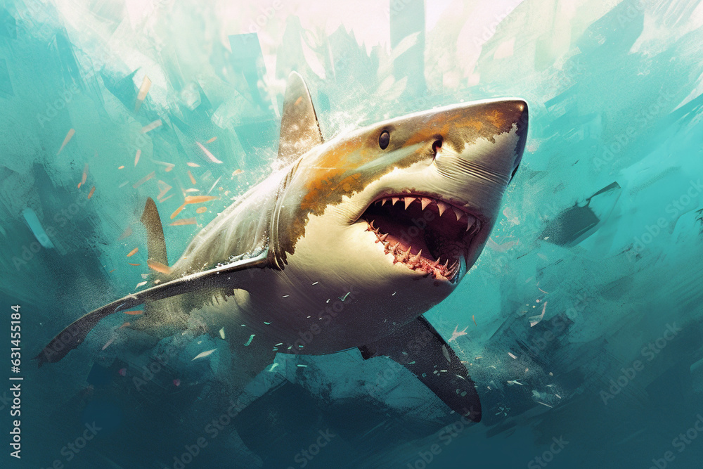 Naklejka premium Encounter the terrifying presence of a massive killer shark lurking beneath the sea or ocean, showcasing its intimidating big teeth and open mouth. Ai generated