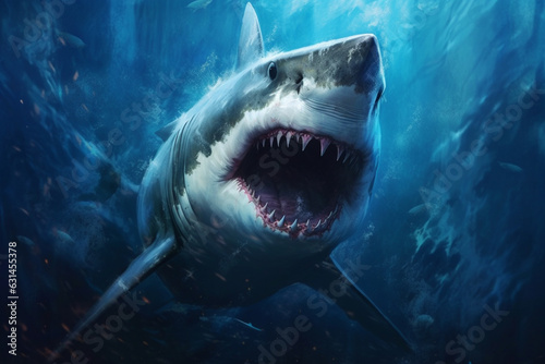 Encounter the terrifying presence of a massive killer shark lurking beneath the sea or ocean, showcasing its intimidating big teeth and open mouth. Ai generated