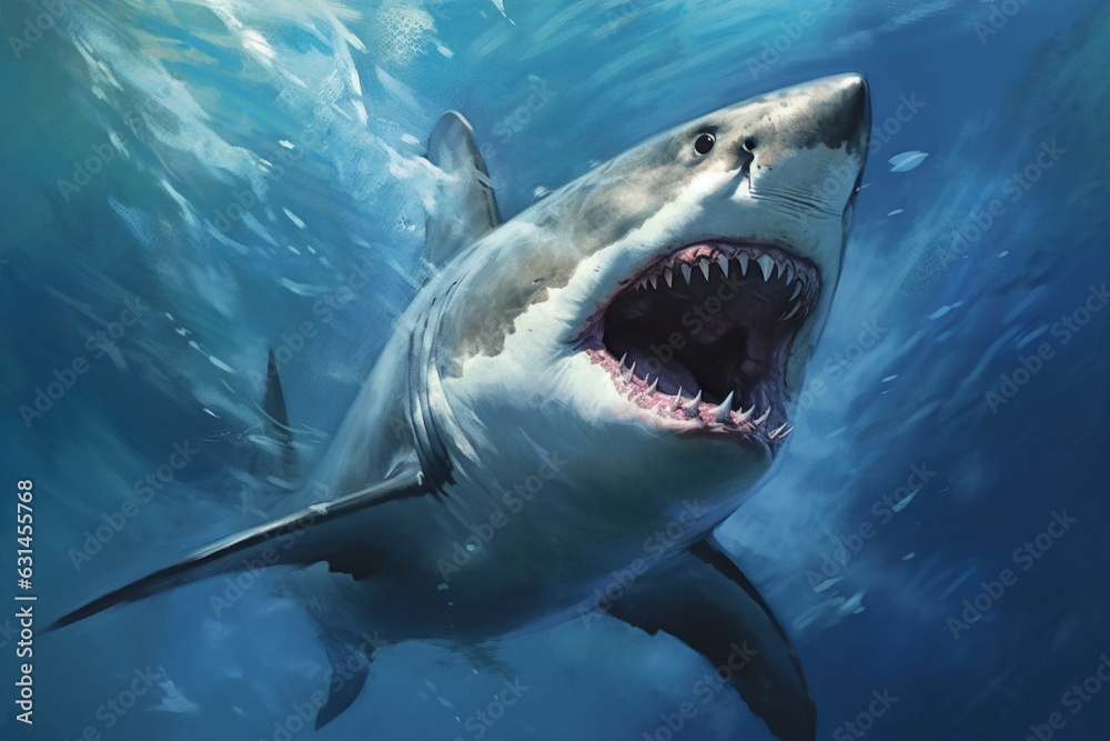 Naklejka premium Encounter the terrifying presence of a massive killer shark lurking beneath the sea or ocean, showcasing its intimidating big teeth and open mouth. Ai generated